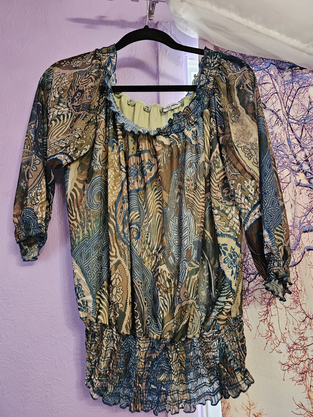 cha cha vente Turquoise & Brown Paisley Smocked Peasant Blouse